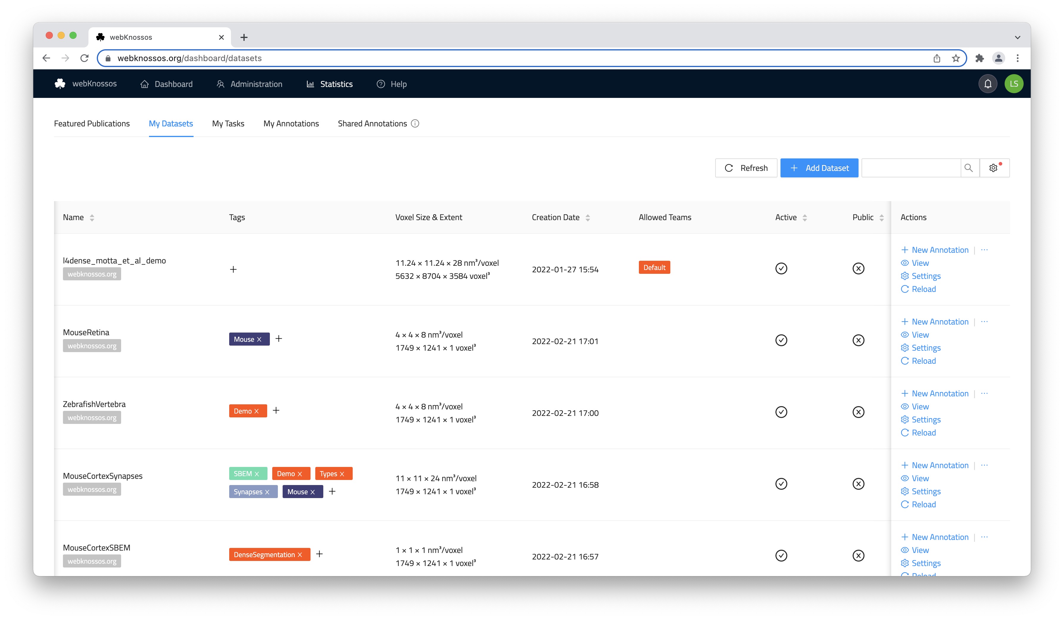 Dashboard for Team Managers or Admins with access to dataset settings and additional administration actions.