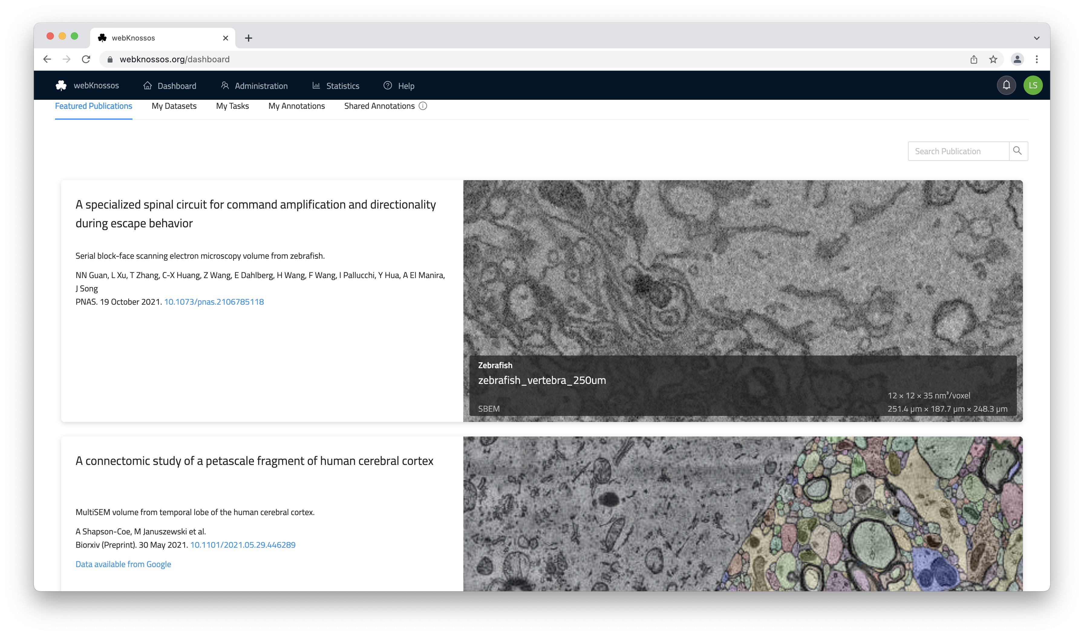 The Featured Publications tab provides a public showcase of selected published, community datasets. 