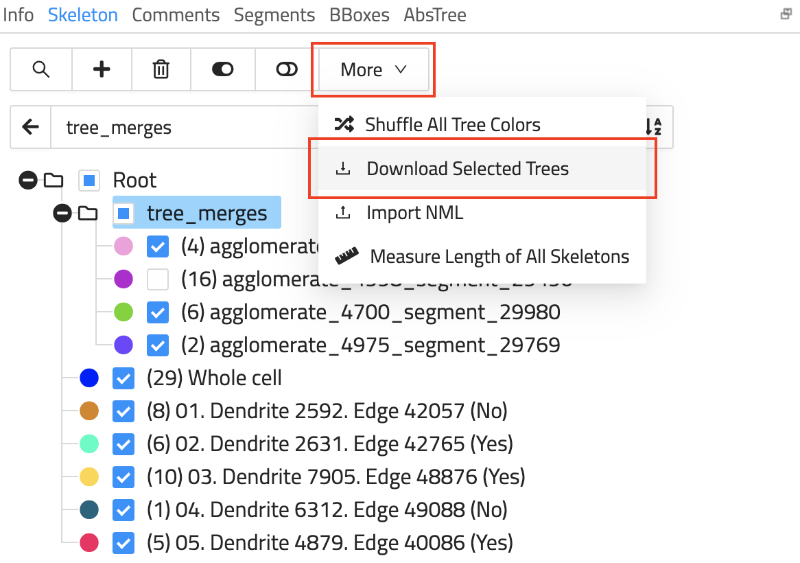 Skeletons can be exported and downloaded as NML files from the annotation view. Either download all or only selected trees.
