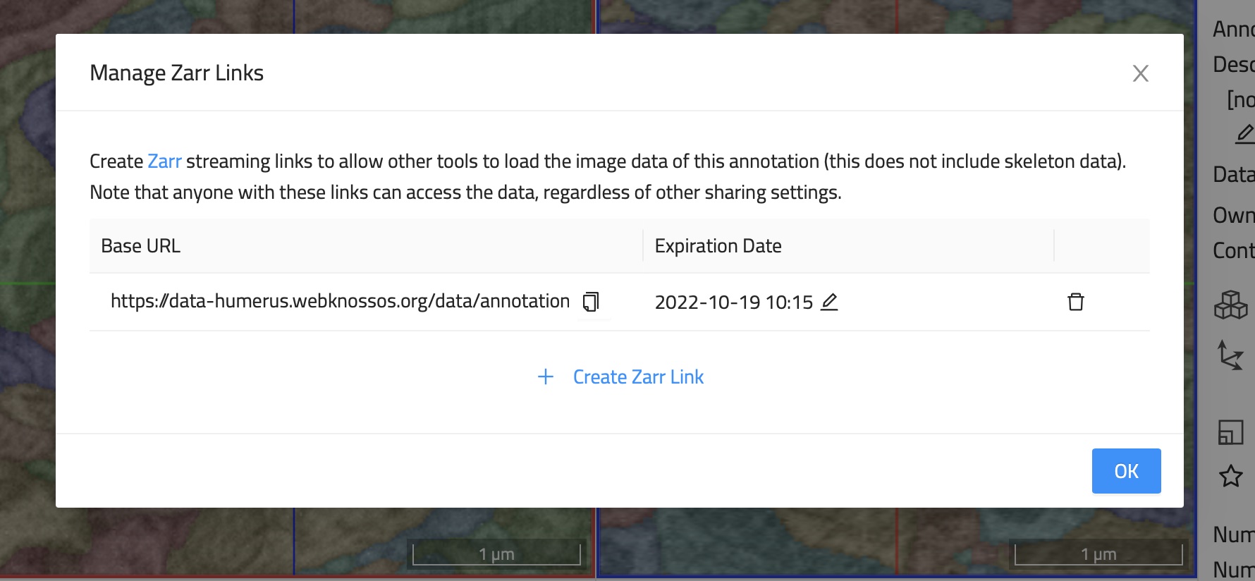 The Zarr Link dialog for sharing a dataset/annotation as a Zarr source for streaming to third-party services.